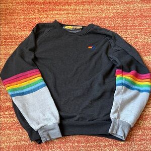 Aviator Nation Black Crewneck with Rainbow Sleeve Stripes